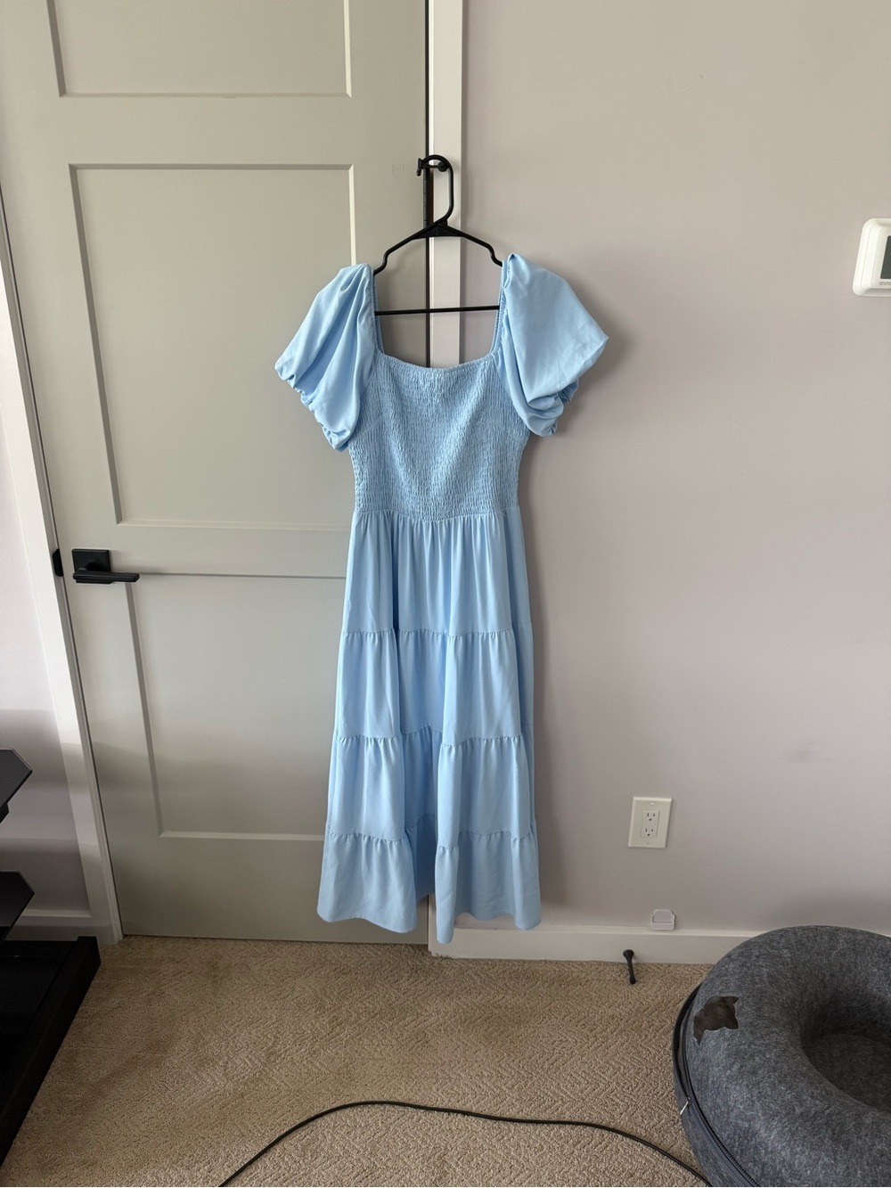 Light Blue Puff Sleeve Tiered Midi Dress